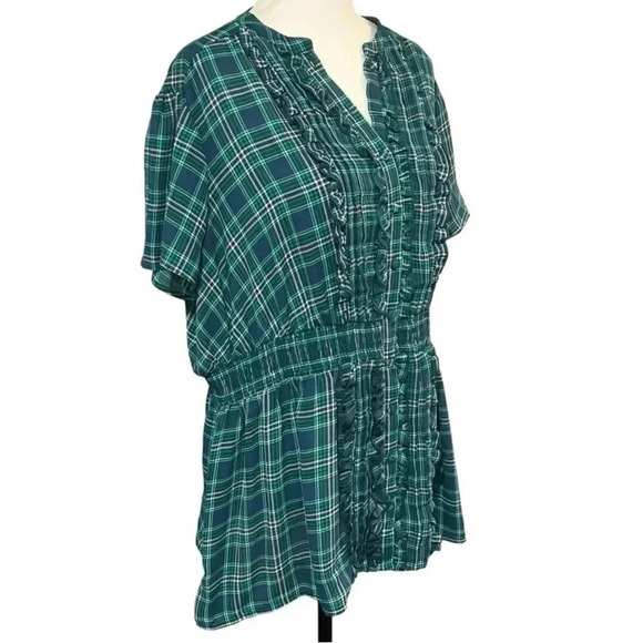 Torrid size 1 (14) sheer plaid blouse, ruffles, buttons and an elastic waist EUC - Picture 2 of 12